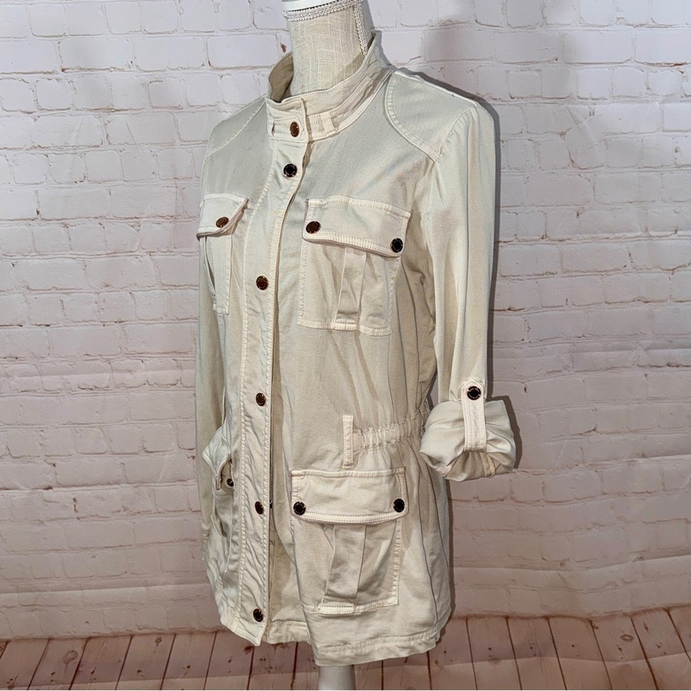 WHBM Utility Jacket Beige Tan Rose Gold Metal Acc Roll Up Sleeves Pockets M 8